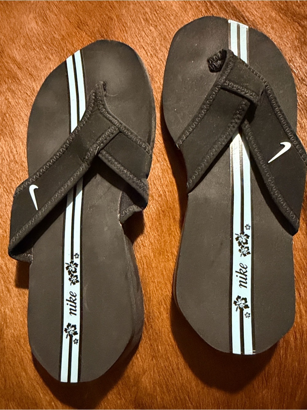 Nike Black Flip Flops with Light Blue Stripe